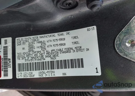 2015 Toyota Tundra Platinum 5.7L V8 z USA, uszkodzony, nr VIN 5TFAY5F17FX448794